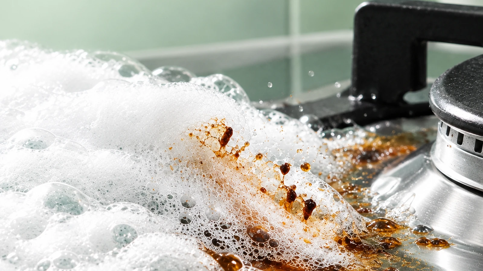 SOLVIS® active foam degreaser lifting brown grease off a stainless steel kitchen hob
