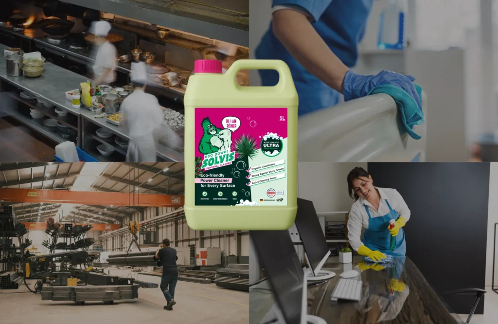 Collage image showing a 5-liter container of Solvis Ecopower biodegradable surface cleaner in the center, surrounded by different industries — a commercial kitchen, a hospital or healthcare cleaner wiping a surface, an industrial manufacturing unit, and an office cleaner sanitizing a desk — representing various sectors switching to eco-friendly cleaning solutions.
